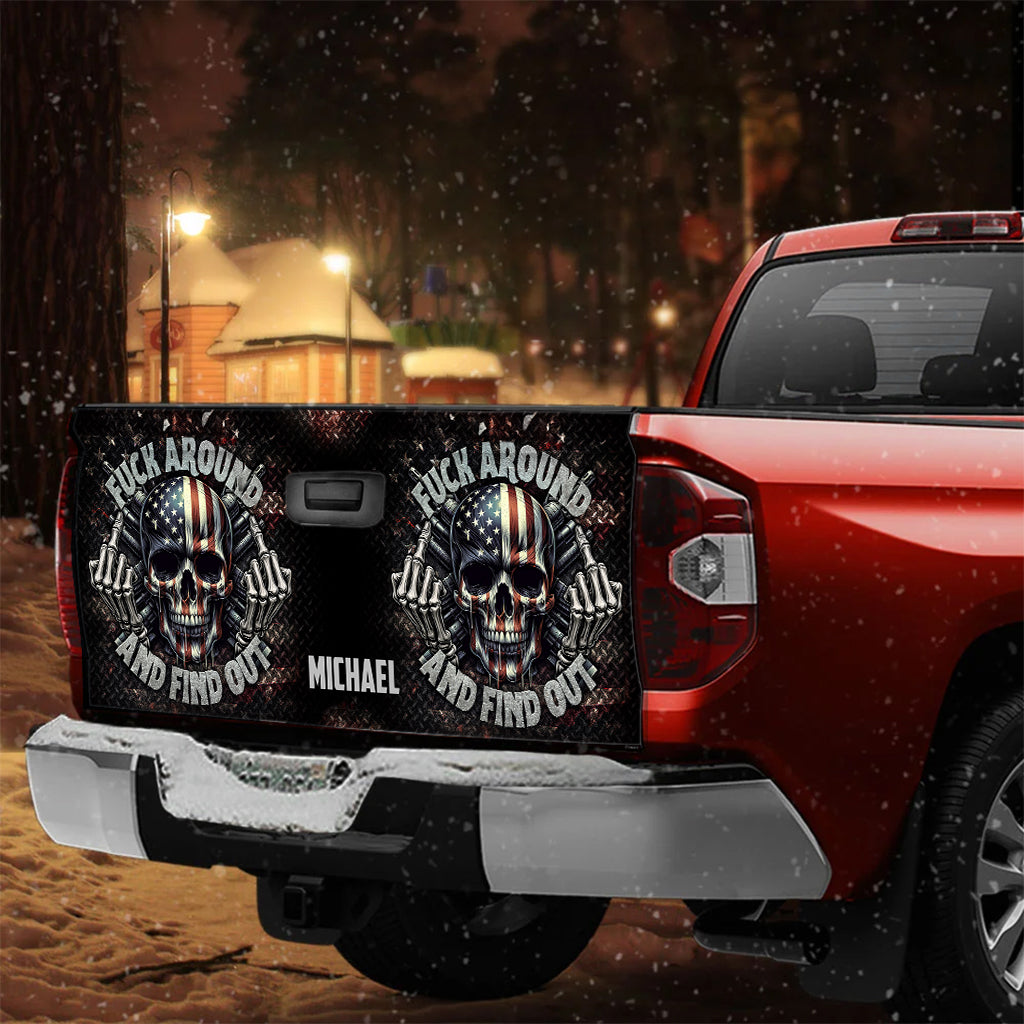 Amerikanische Flagge mit Skelettmotiv – Personalisierter Totenkopf-LKW-Heckklappenaufkleber