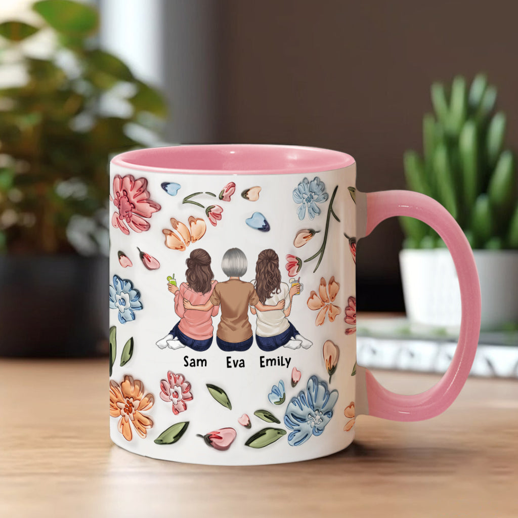 Mutter und Töchter, Söhne, Kinder – für immer verbunden – Personalisierte Tasse mit Blumenmuster und Muttermotiv