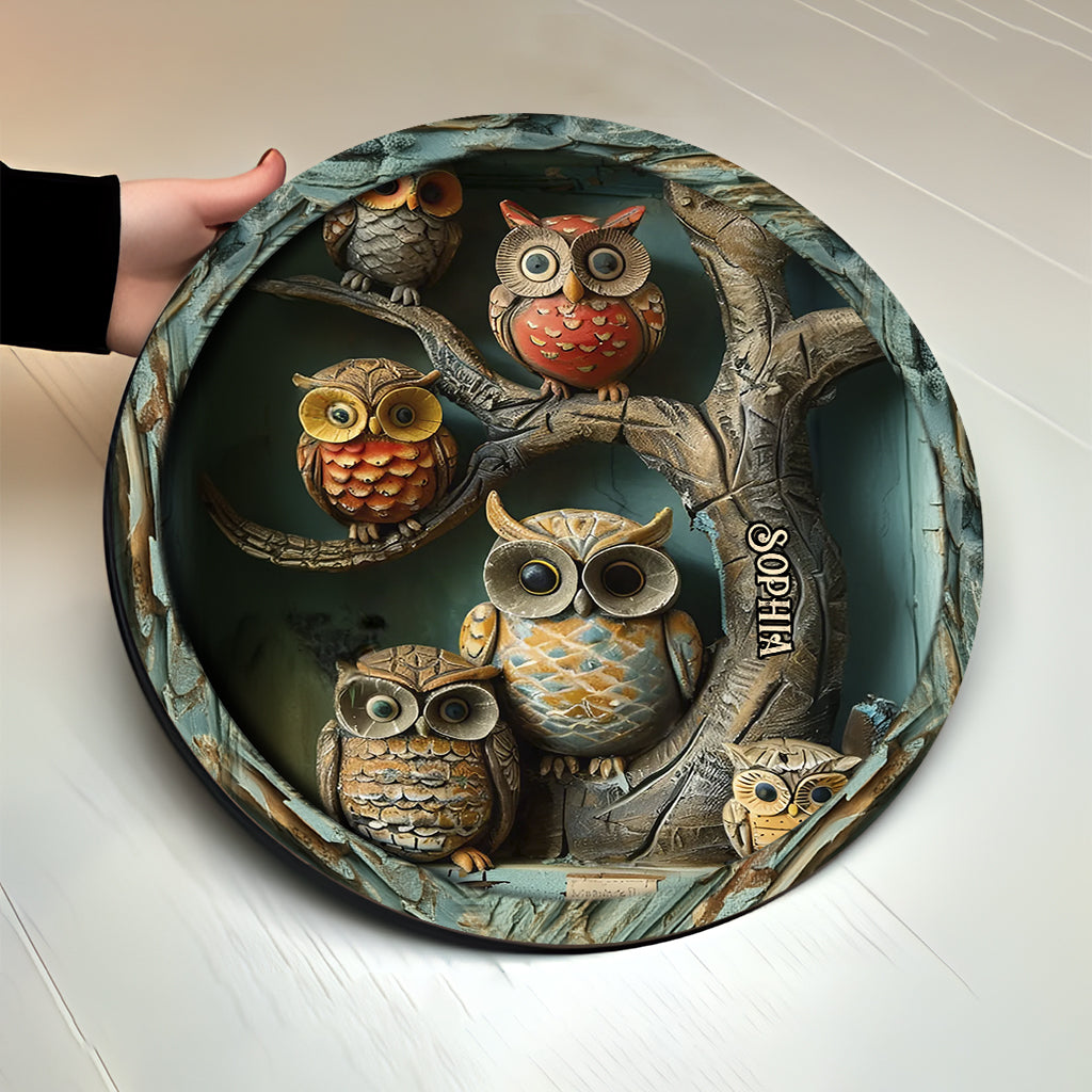 Vintage-Eule – Personalisiertes rundes Eulen-Holzschild