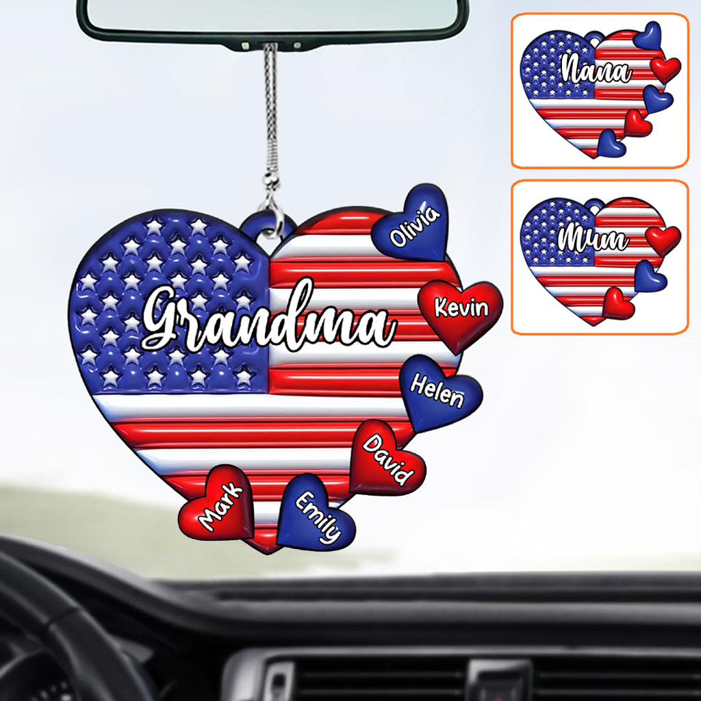 Grandma & Grandkids Puff Heart Flag - Personalized Grandma Car Ornament