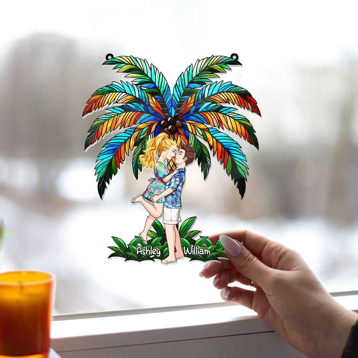 Romantic Couple Under The Palm Tree - Personalized Couple Window Hanging Suncatcher Ornament