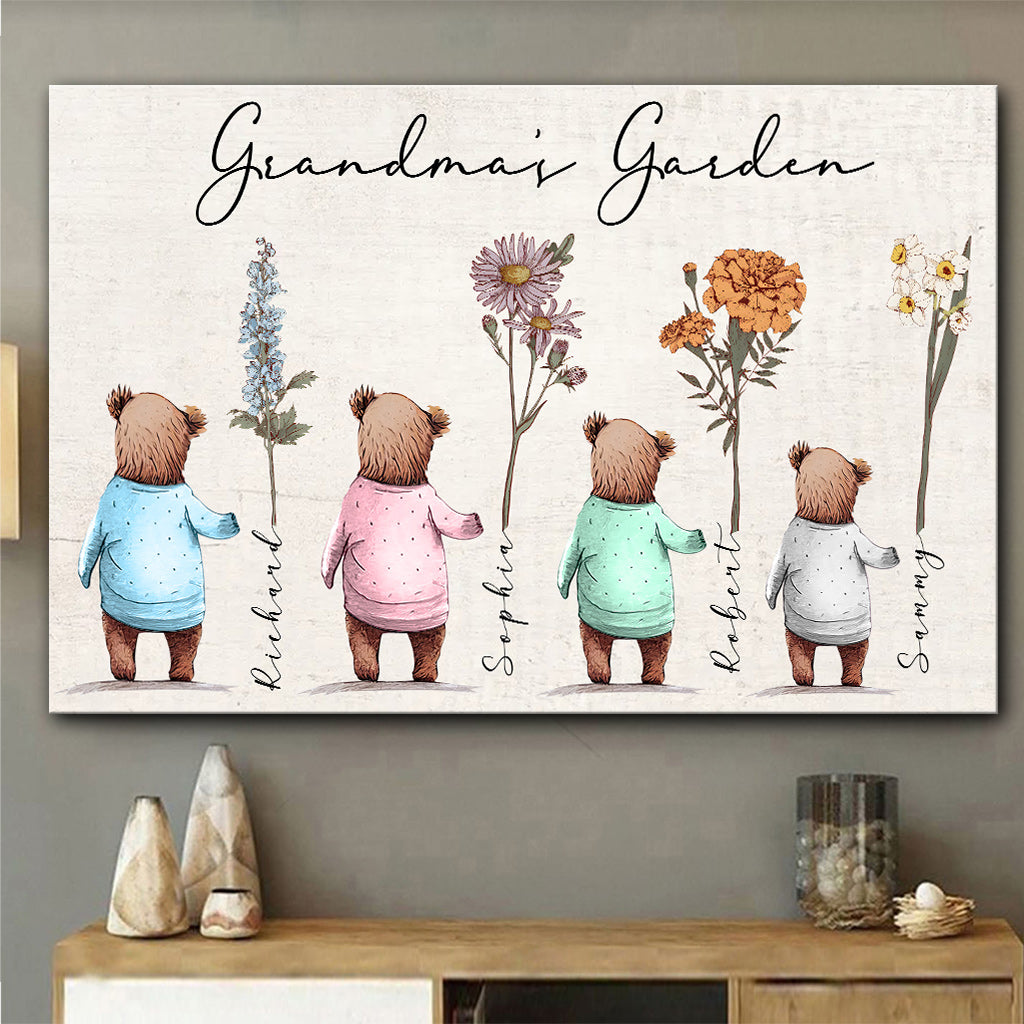 Omas Garten: Babybären, Geburtsblumen – Personalisierte Leinwand und Poster