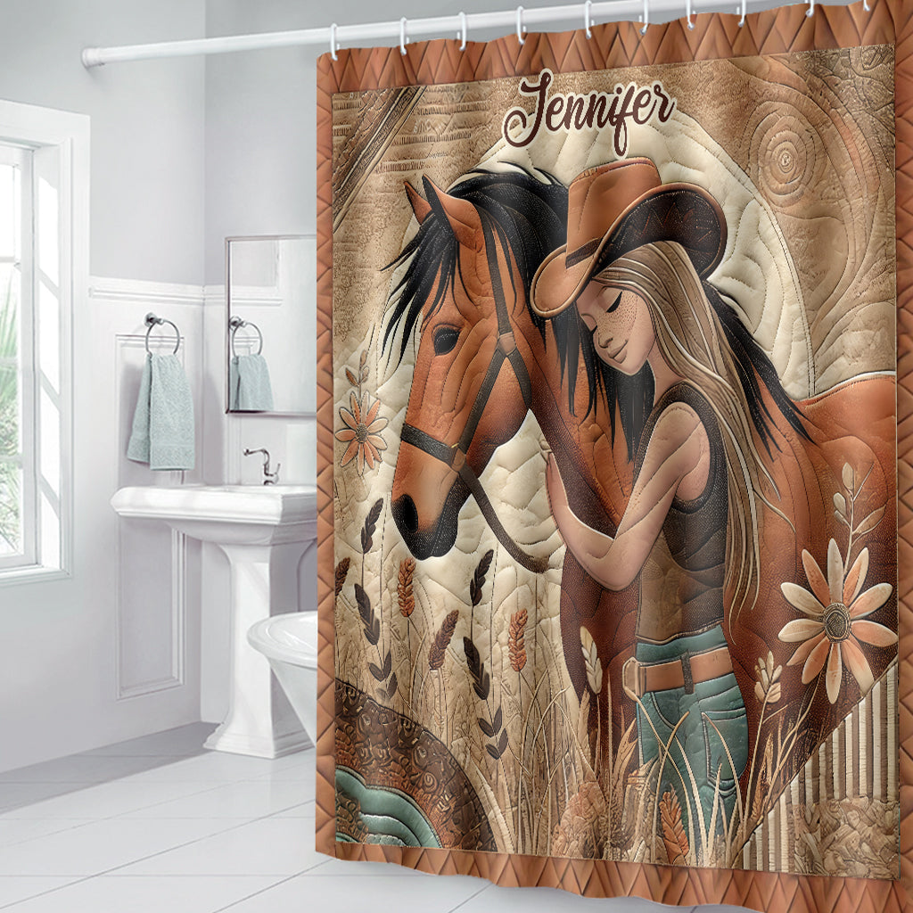 Für Pferdeliebhaber – Personalisiertes Badezimmer-Set mit Pferdemotiv: Vorhang und Fußmatten
