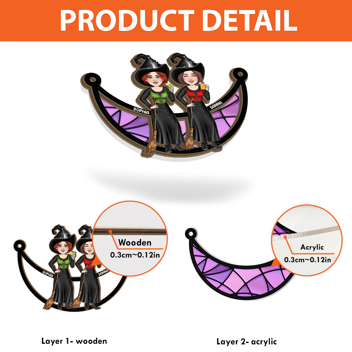 Hexen auf dem Mond – Personalisierter zweilagiger Fensterhänger für beste Freundinnen