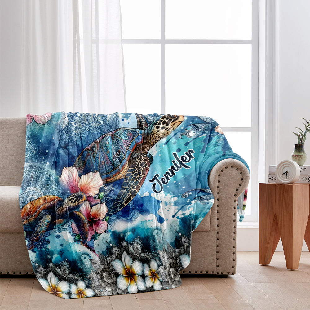 Sea Turtle Mandala Tropical Flower - Personalized Turtle Blanket