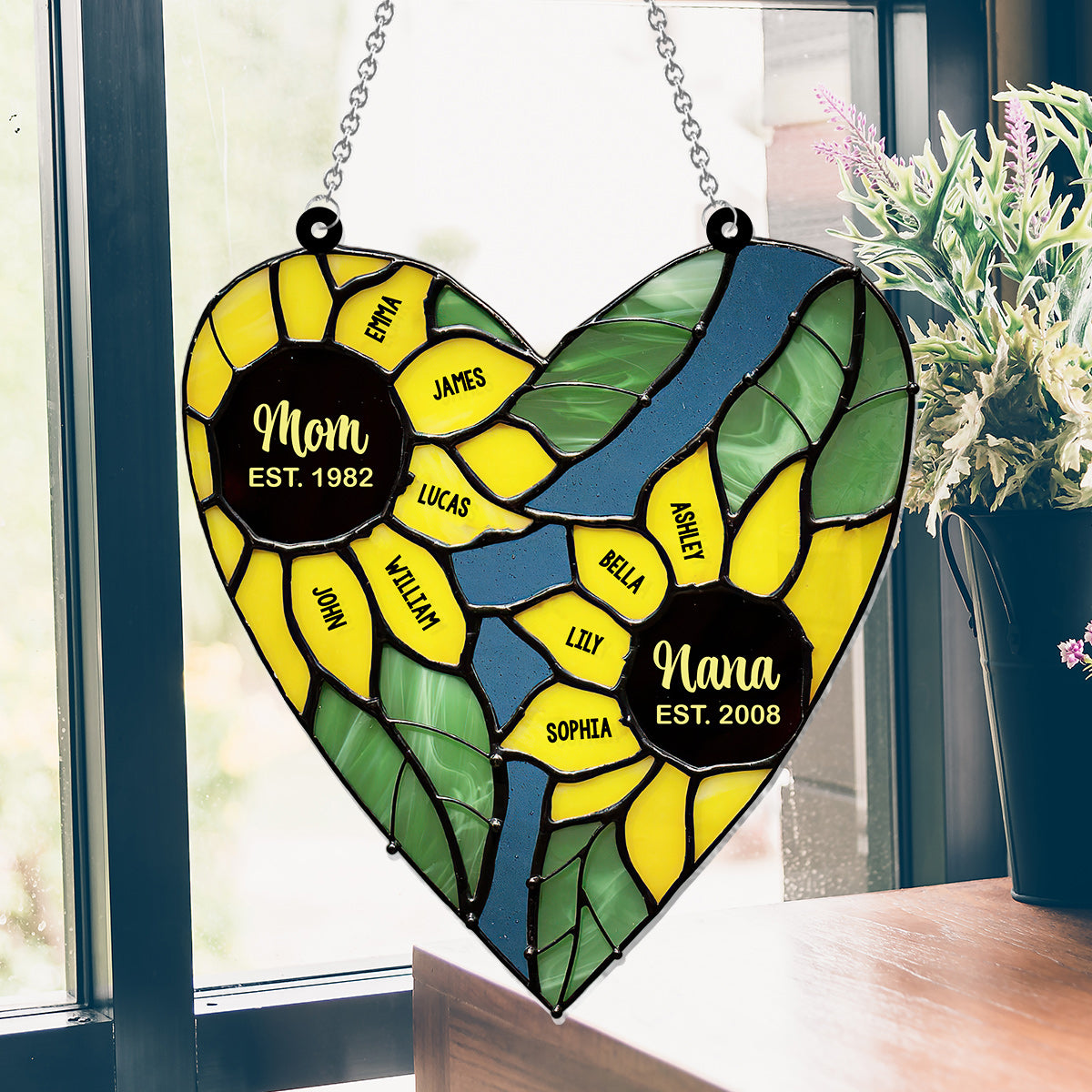 Mama Oma Grüne Herz-Sonnenblume - Personalisierter Oma-Fensterhänger-Sonnenfänger 