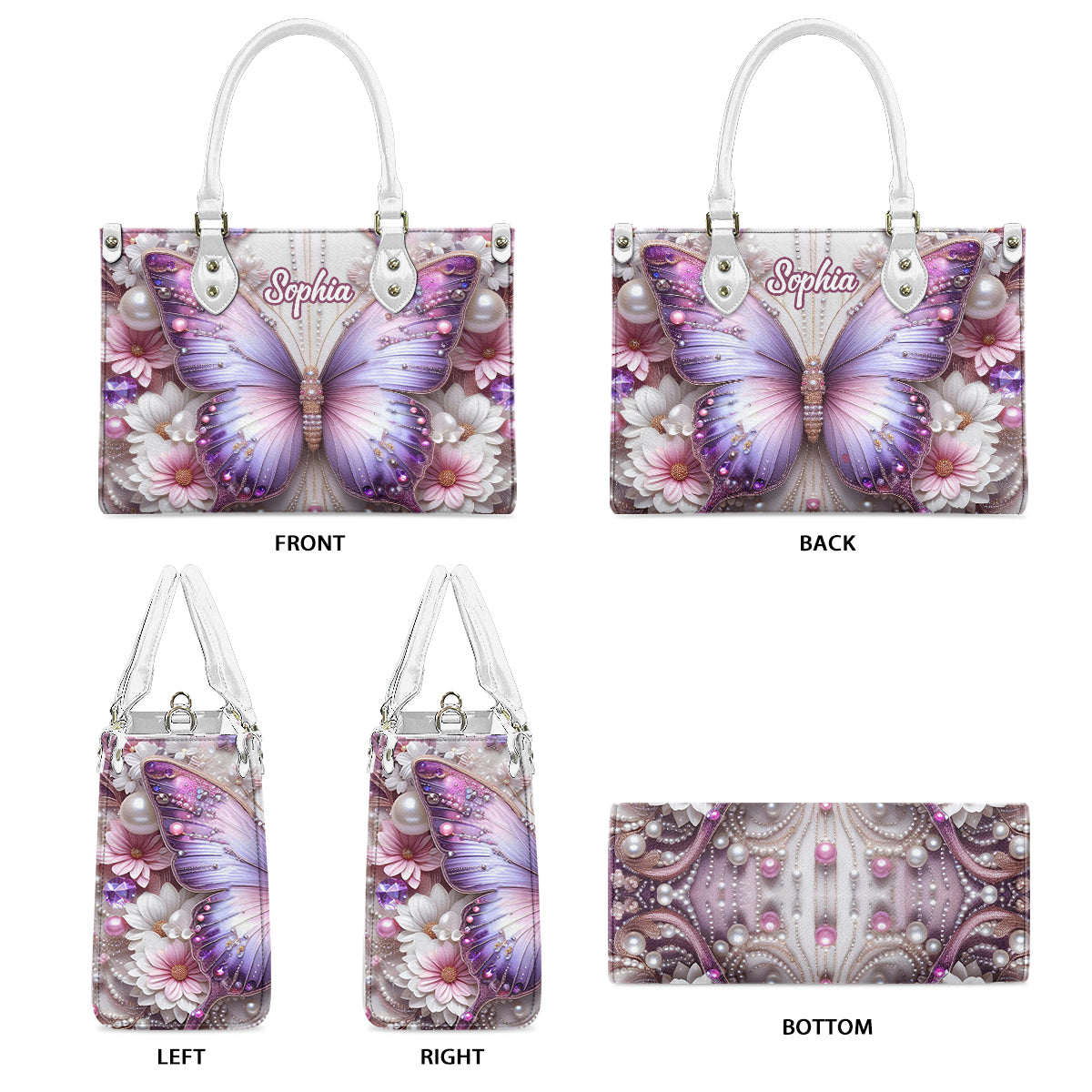 Personalisierte Schmetterlings-Lederhandtasche mit Blumenmuster