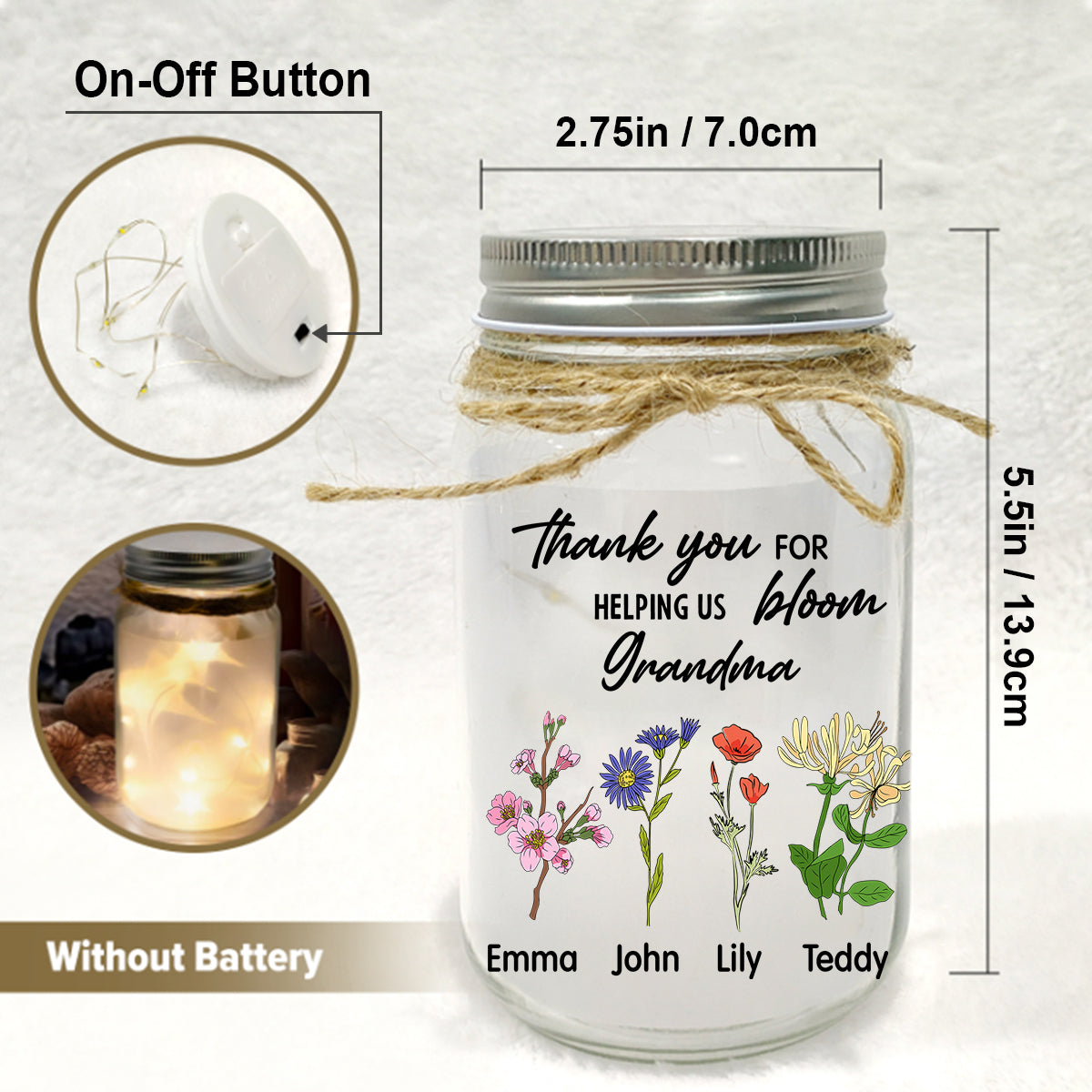 Danke, dass Sie uns beim Erblühen geholfen haben – Personalisierte Oma-Einmachglas-Lampe