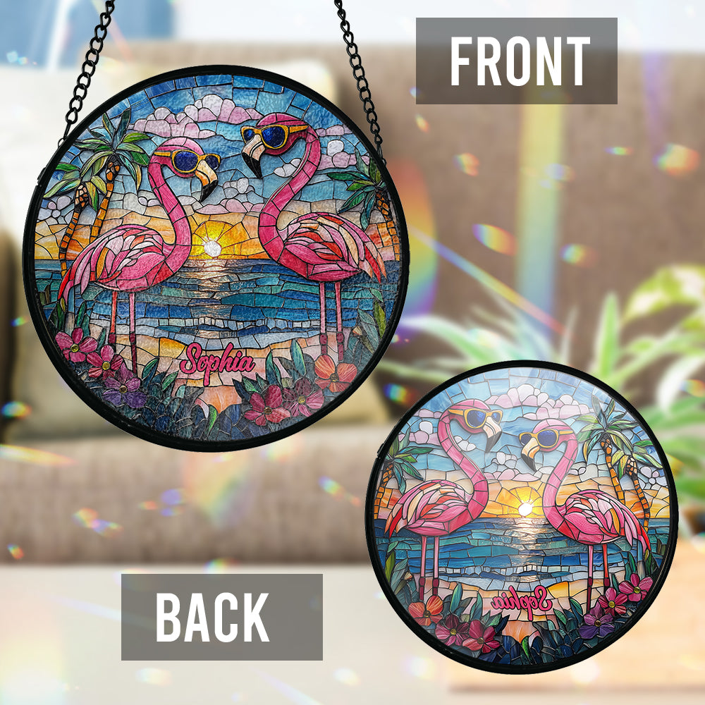 Wunderschöne Flamingos – Personalisierter Flamingo-Sonnenfänger aus Buntglas