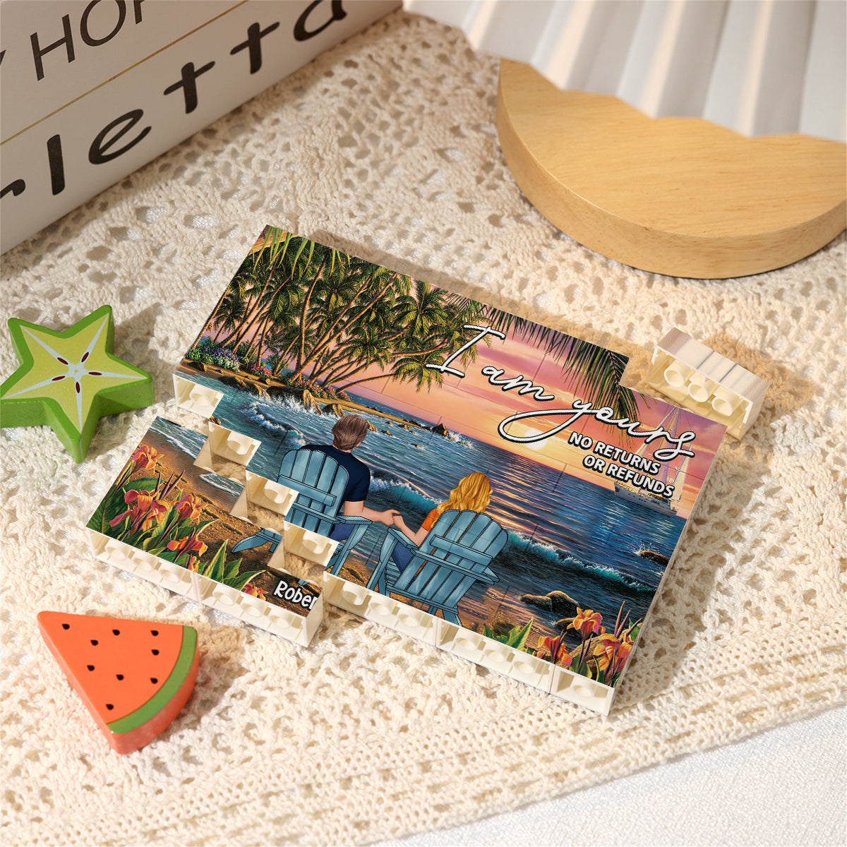 Paar-Strandlandschaft in tropischer Form - Personalisierte einseitige horizontale rechteckige Bausteine ​​für Paare