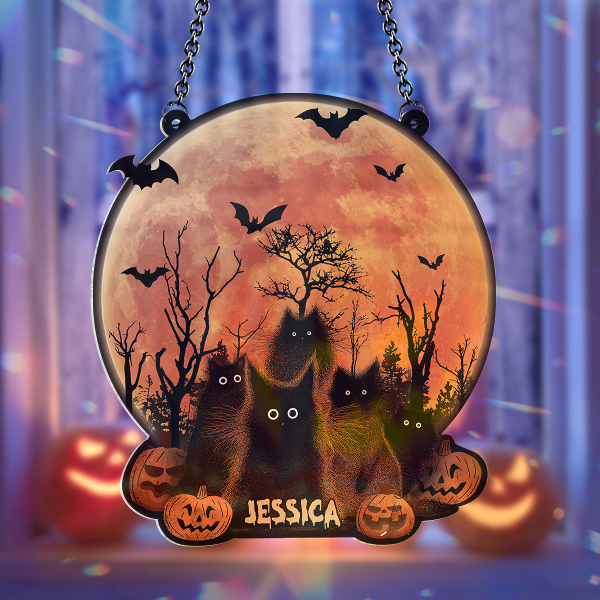 Halloween-Mond mit schwarzer Katze – Personalisierter Fensterhänger mit schwarzer Katze als Sonnenfänger 