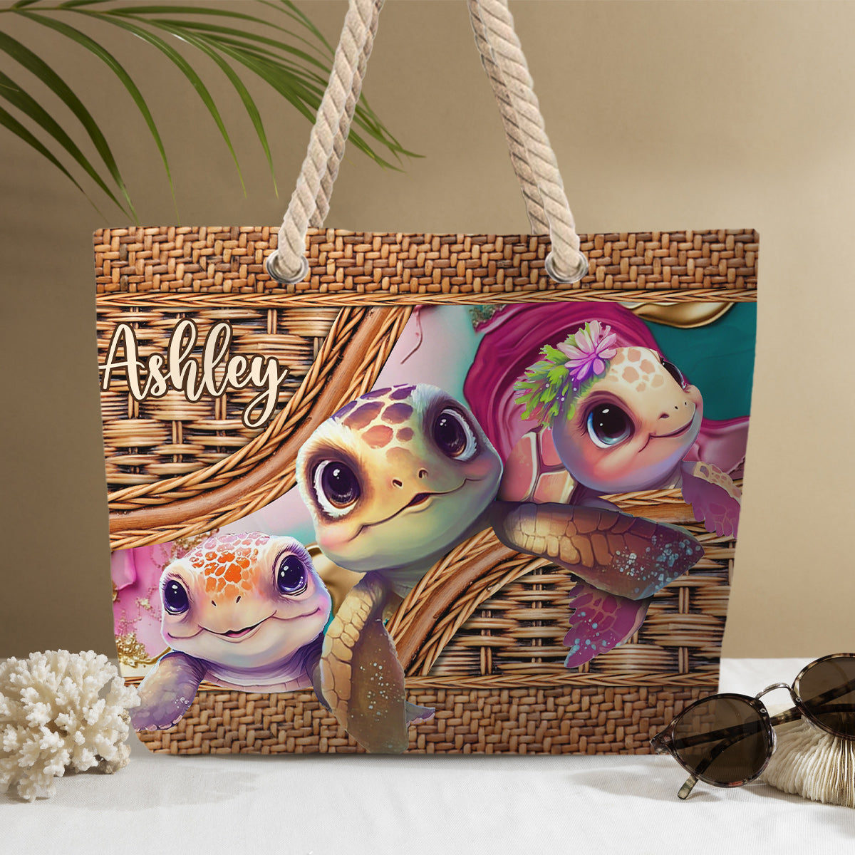 Niedliche Schildkröte – personalisierte Strandtasche mit Schildkrötenmotiv