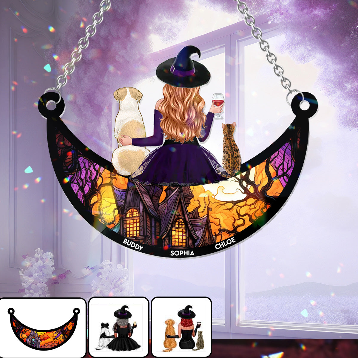 Böse Hexe und kleines Monster – Personalisierter Hunde-Fensterhänger als Sonnenfänger