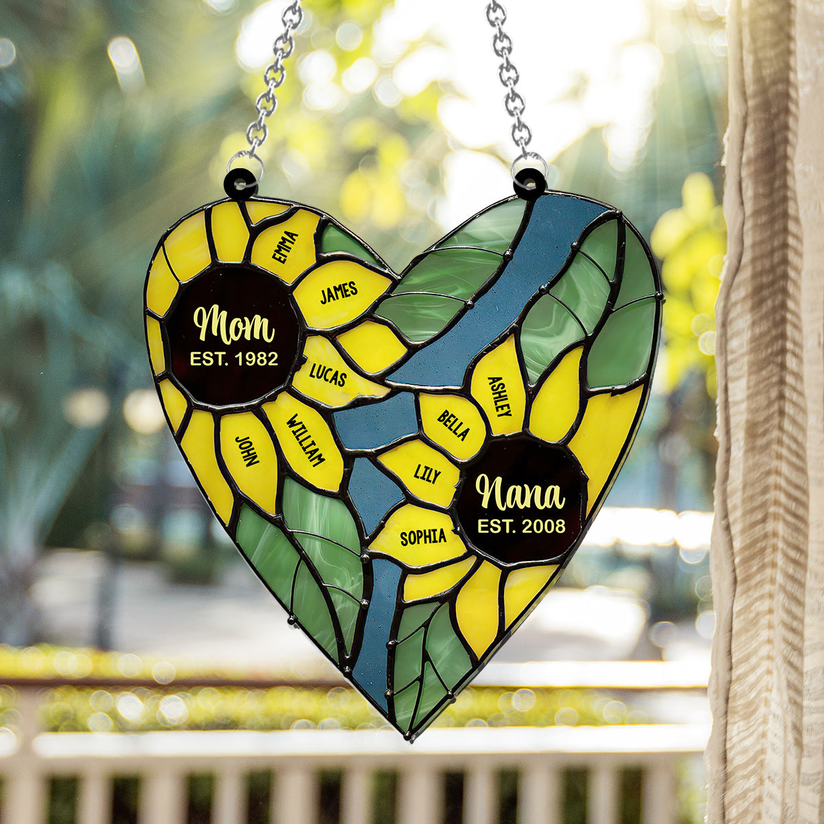 Mama Oma Grüne Herz-Sonnenblume - Personalisierter Oma-Fensterhänger-Sonnenfänger 