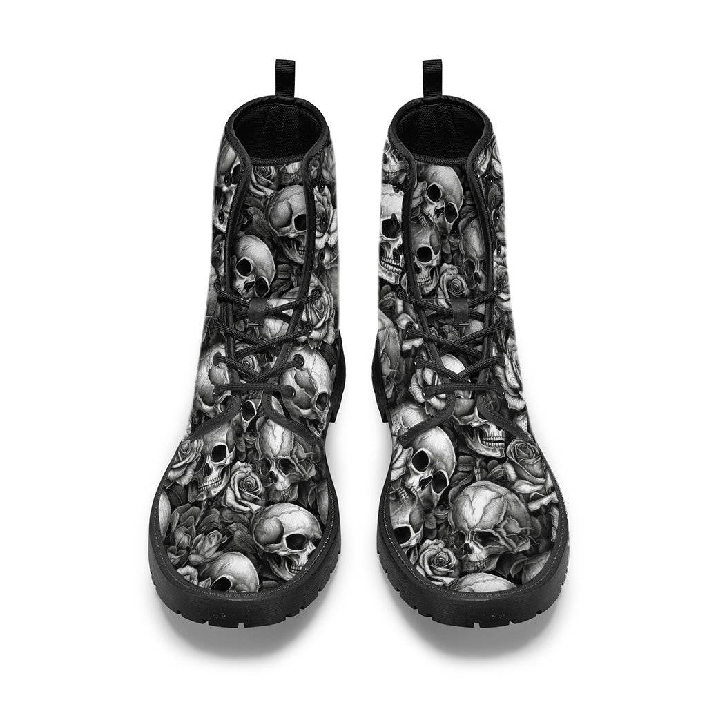 Totenkopf-Rosen Schwarz-Weiß – Personalisierte Totenkopf-Lederstiefel