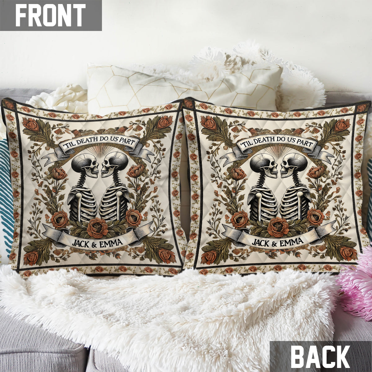 Bis dass der Tod uns scheidet – Personalisiertes Totenkopf-Dekokissen