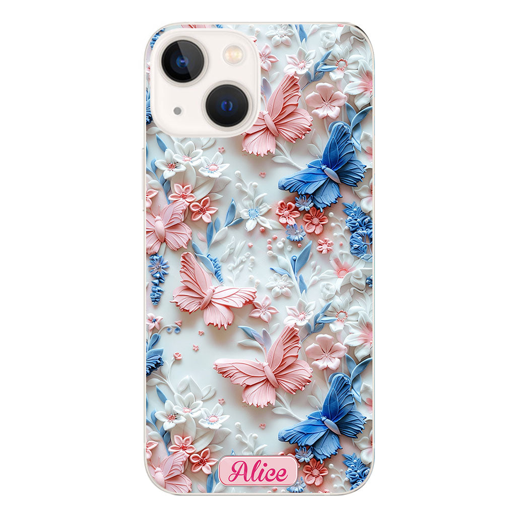 Rosa und blaue Schmetterlinge – Personalisierte transparente Schmetterlings-Handyhülle
