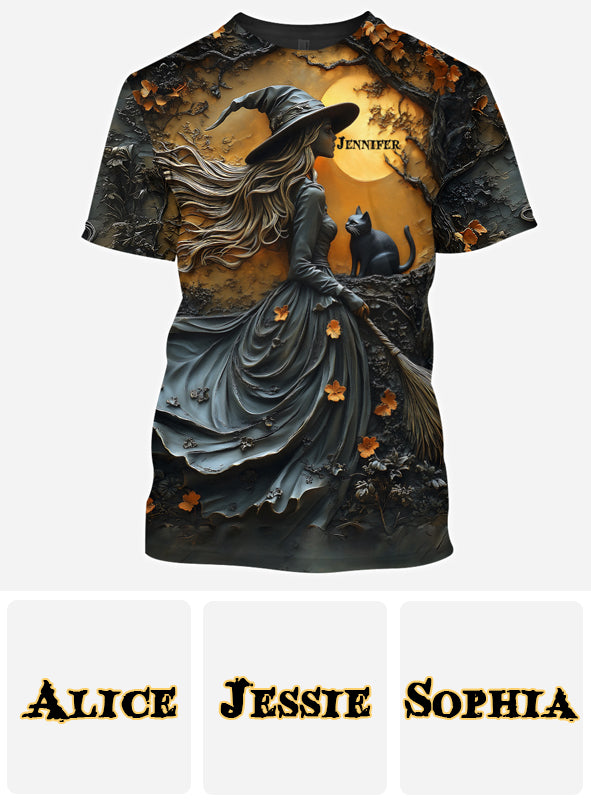 Wunderschöne Hexe und ihre schwarze Katze – personalisiertes Hexen-Shirt