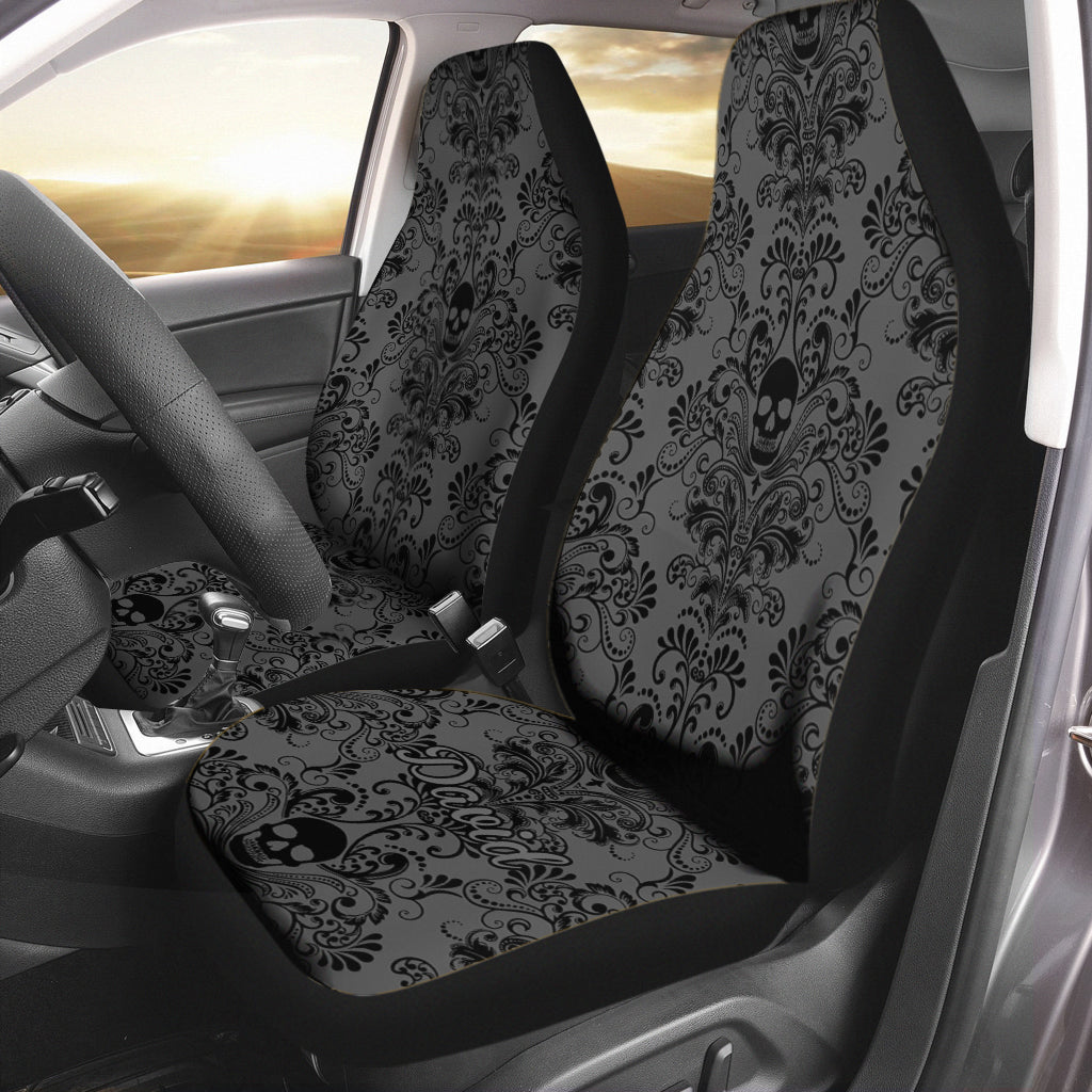 Black & Gray Floral Skull - Personalized Skull Seat Covers