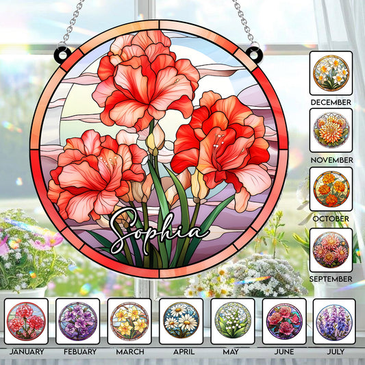 Stained Glass Birth Month Flowers - Personalized Birthday Window Hanging Suncatcher Ornament