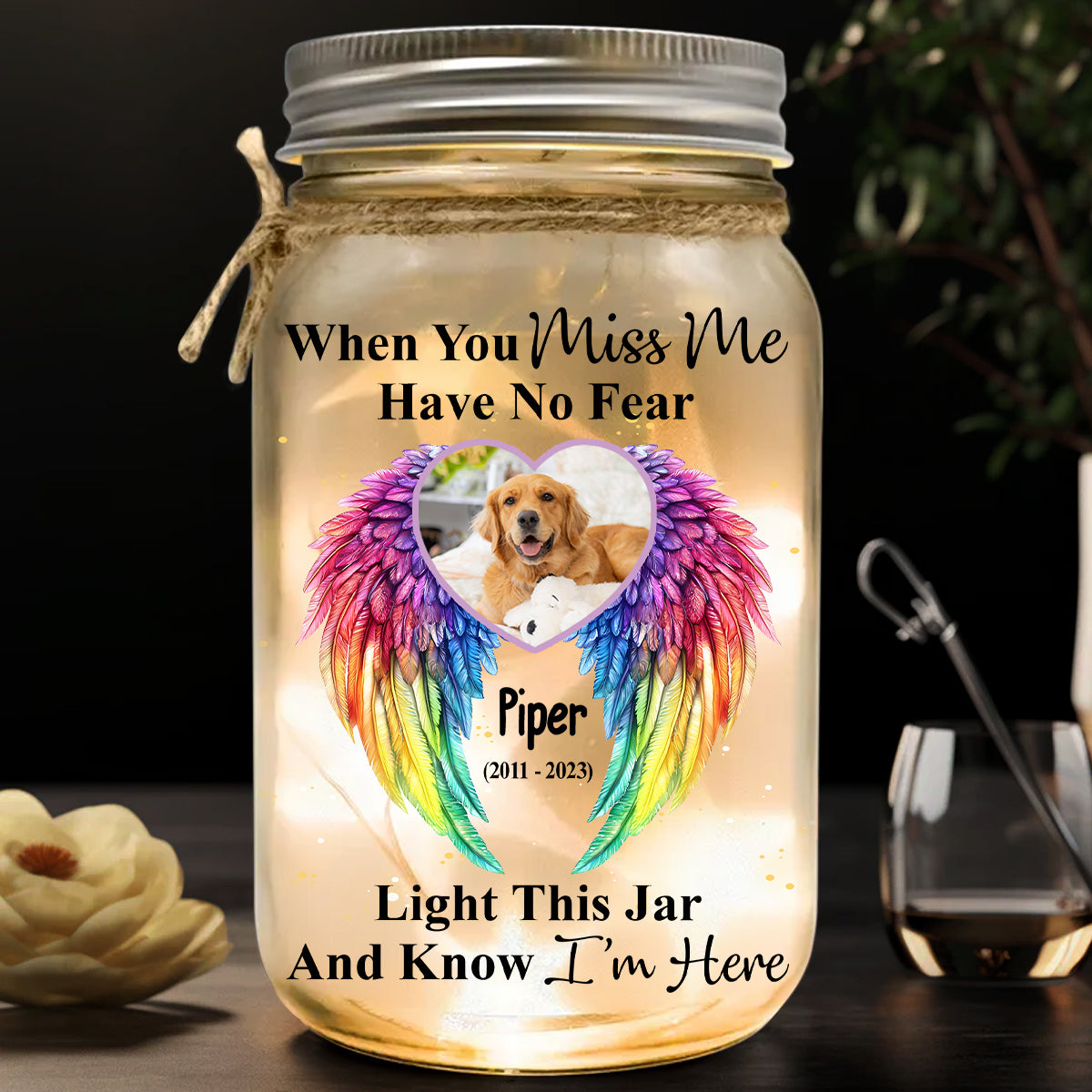 Wenn du mich vermisst, hab keine Angst – personalisierte Hunde-Einmachglas-Lampe