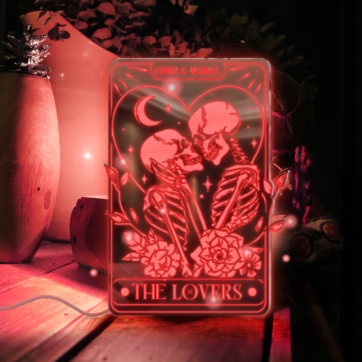 The Lovers – Personalisierte Totenkopf-Spiegelleuchte 