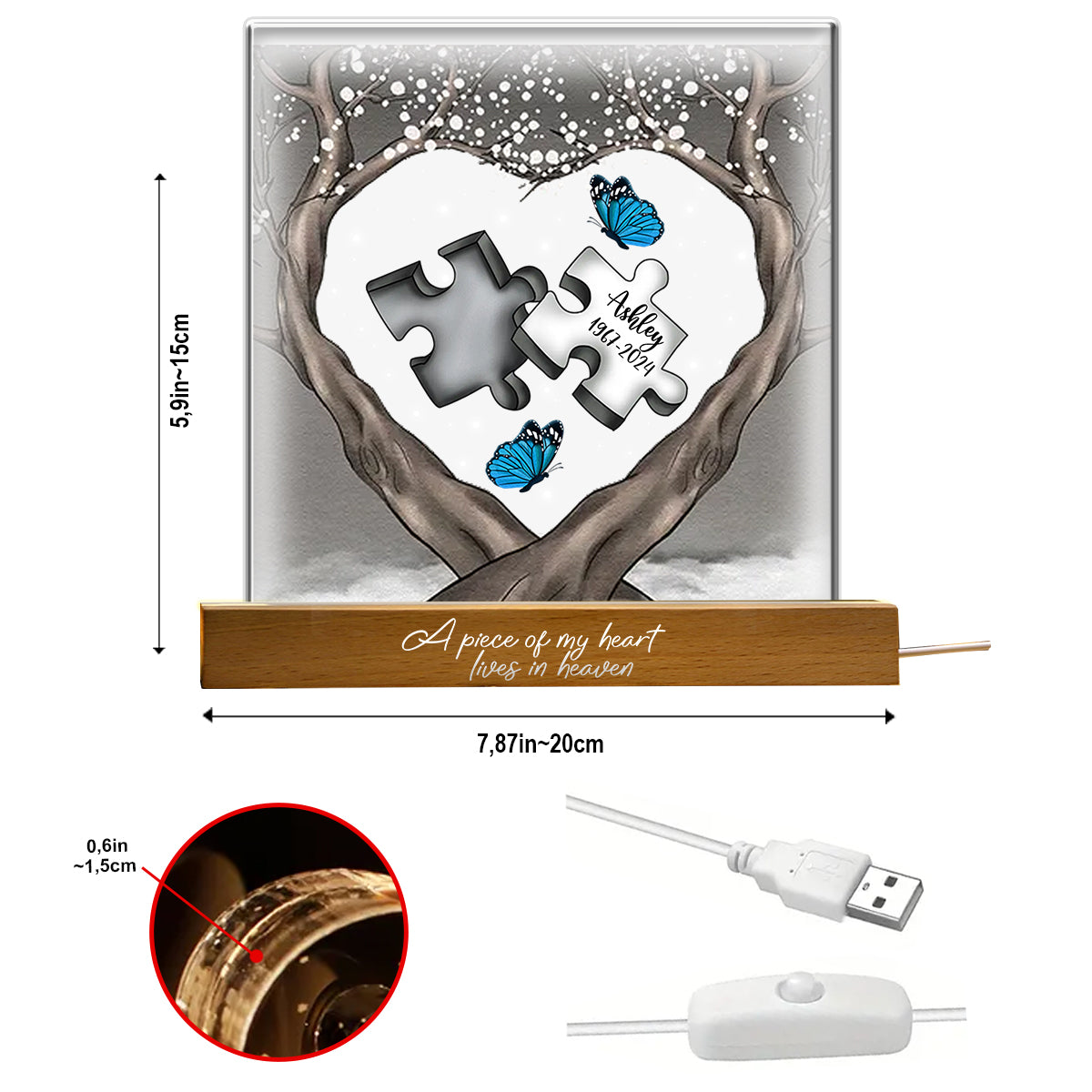 Ein Teil meines Herzens lebt im Himmel – Personalisierte LED-Nachtleuchte in Gedenkform