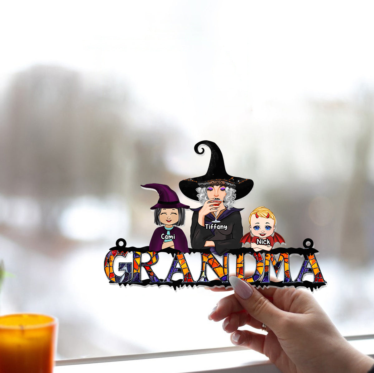 Halloween-Oma-Motiv – Personalisierter Oma-Fensterhänger als Sonnenfänger 