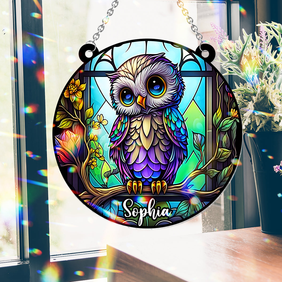 Cute Owl Stained Glass - Personalized Owl Window Hanging Suncatcher Ornament