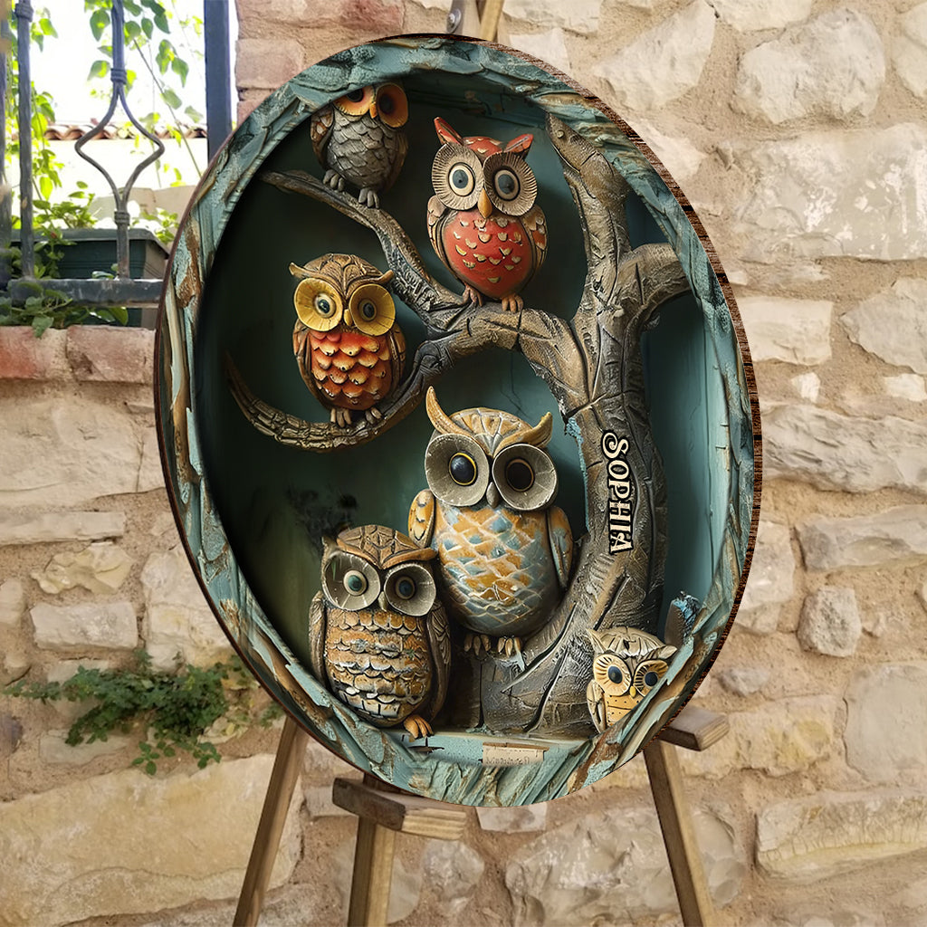 Vintage-Eule – Personalisiertes rundes Eulen-Holzschild