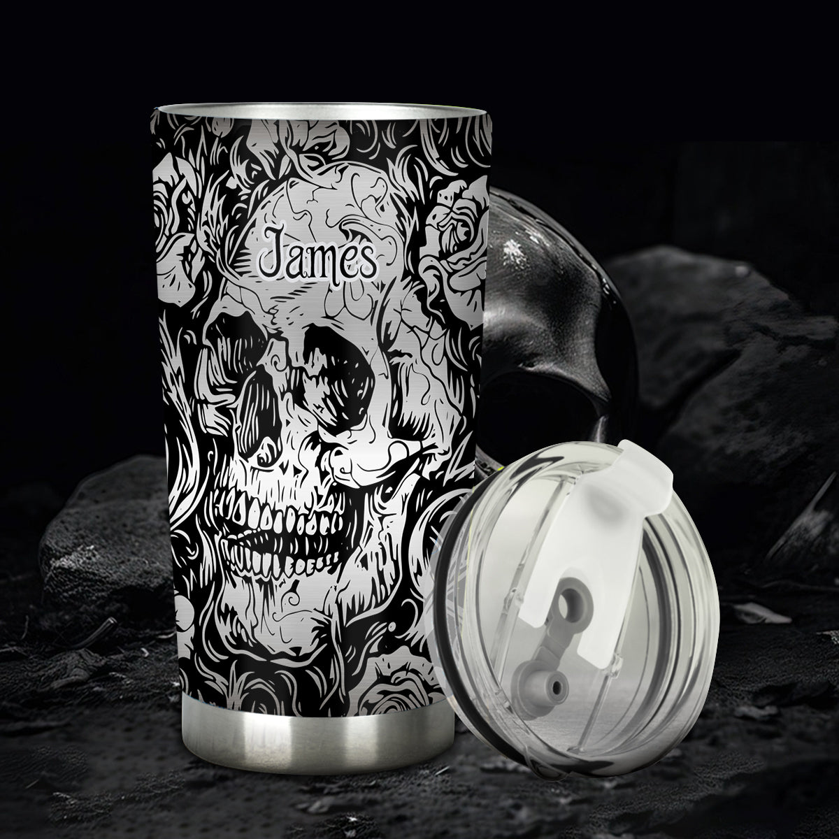 Glänzender grauer Totenkopf – Personalisierter Totenkopf-Trinkbecher