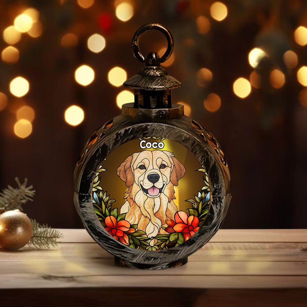 Personalisierte runde Laterne mit Beleuchtung für Haustiere – ideal für Hunde.