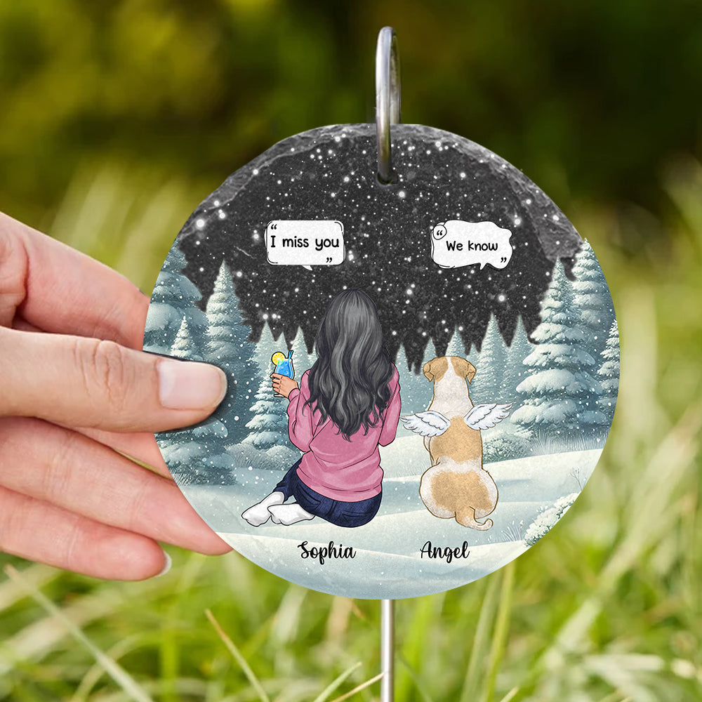 Ich vermisse dich – Personalisierte runde Hänge-Gartentafel mit Hundemotiv