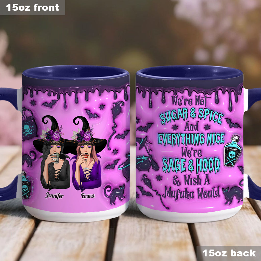 Wir sind nicht wie Zucker und Gewürze und alles Nette – personalisierte Tasse mit Freundschaftsmotiv