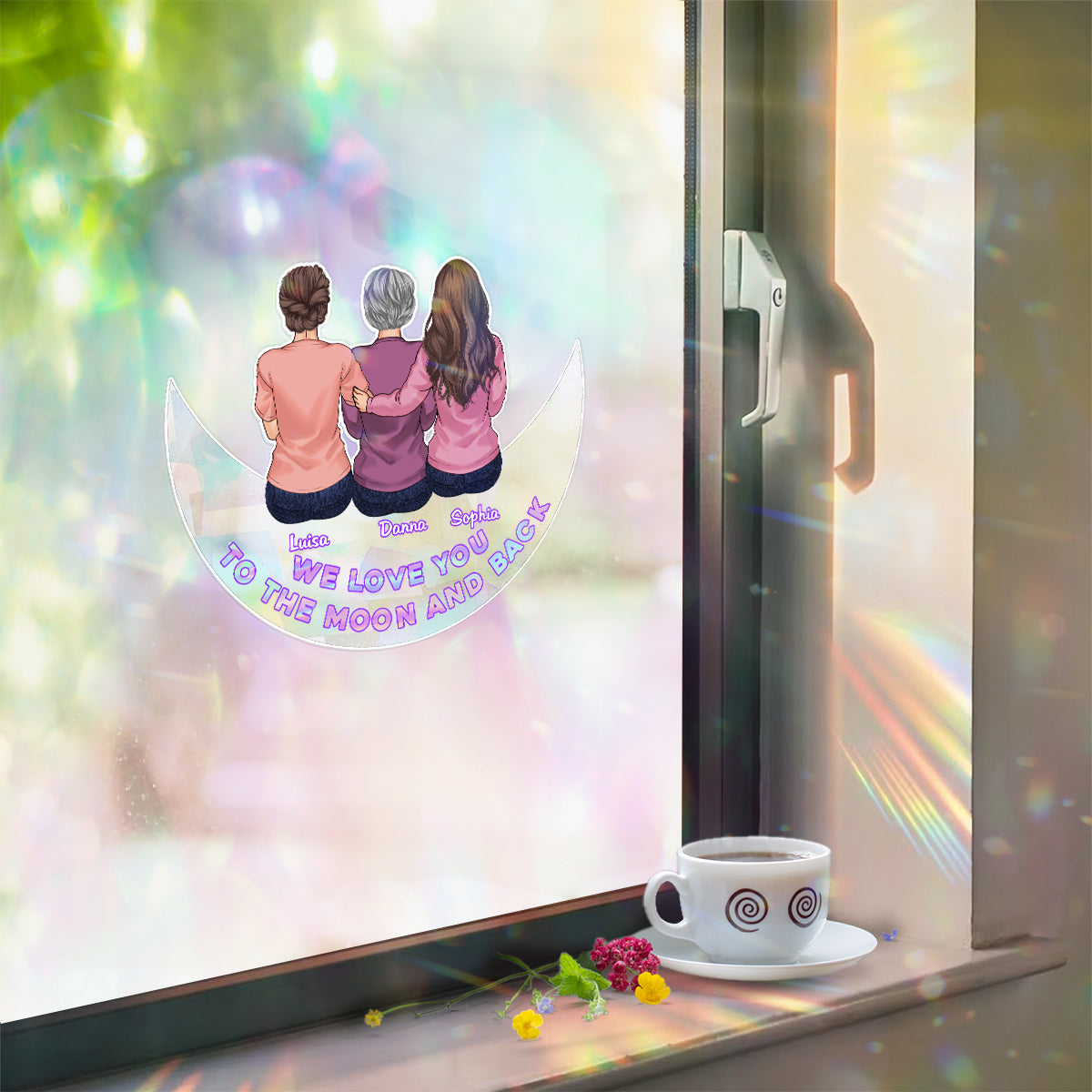 Ich liebe dich bis zum Mond und zurück – Personalisierter Sonnenfänger-Aufkleber für Mutter