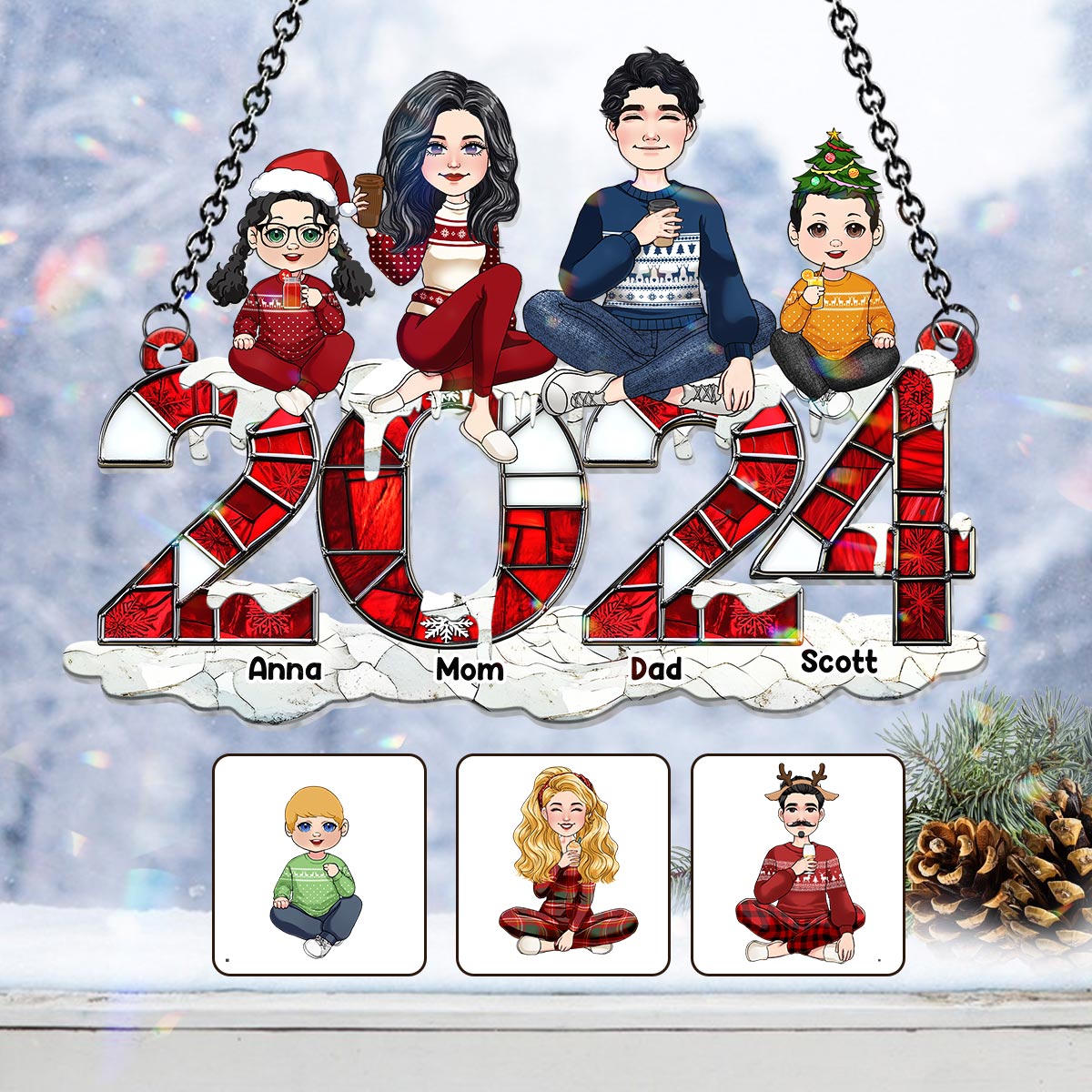 Weihnachten 2024 – Personalisierter Familien-Fensterhänger-Sonnenfänger als Ornament 