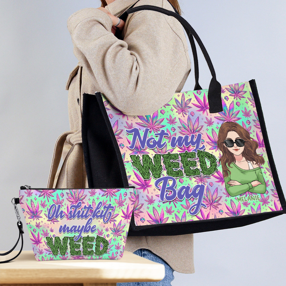 Mutter Scheiße, vielleicht 420 – Personalisierte Tragetasche und Kosmetiktasche aus Canvas mit Weed-Motiv