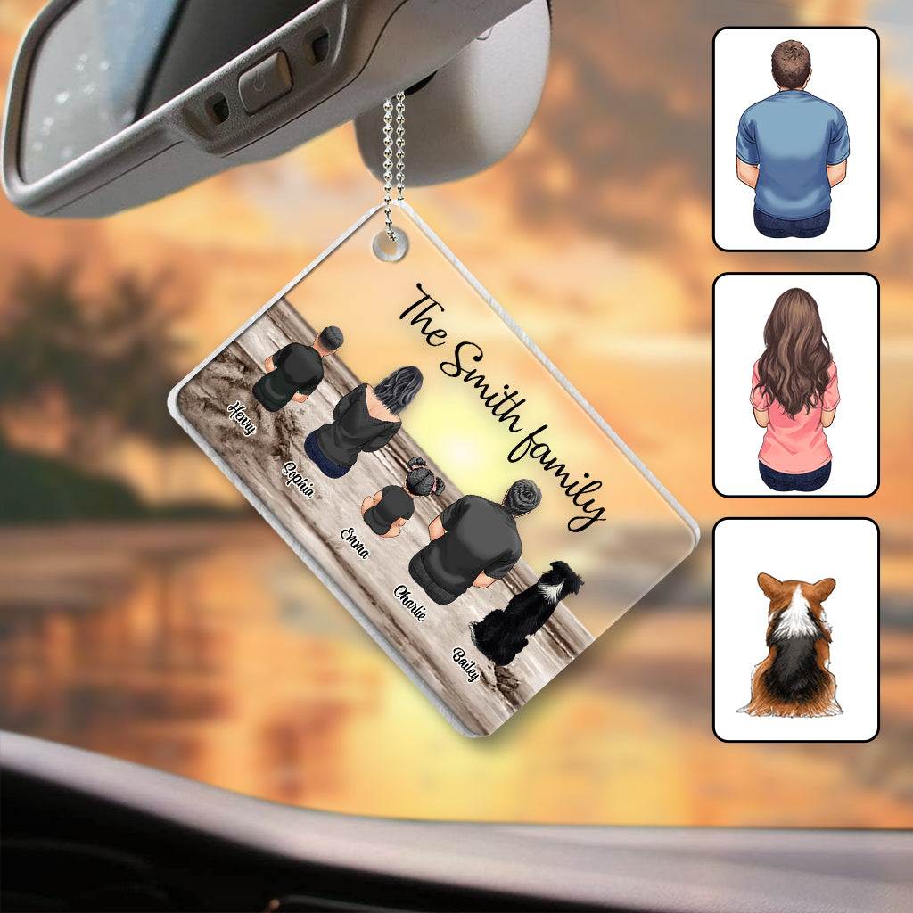 Family Sitting Back View Retro Vintage Beach Landscape - Personalized Family Transparent Car Ornament