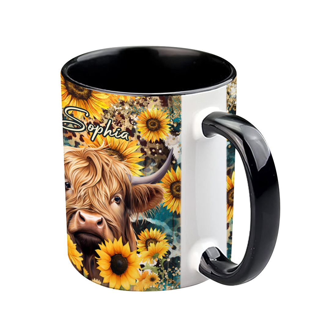 Highland Cow Among Sunflowers - Personalized Accent Mug