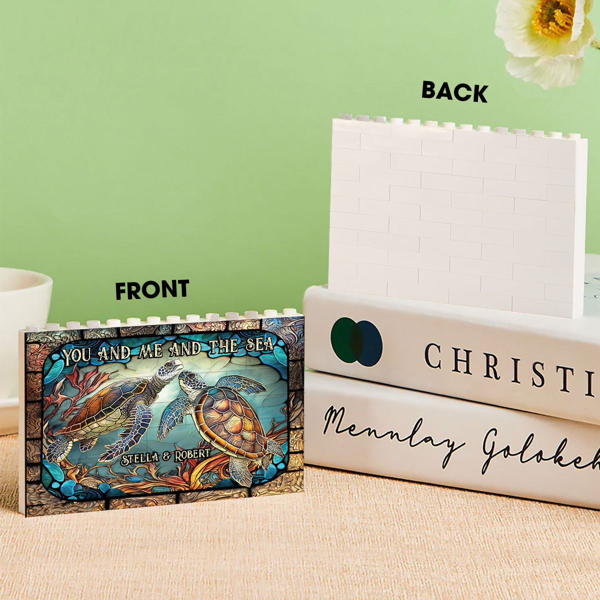 Wunderschöne Schildkröten-Glasmalerei „Du und Ich“ – Personalisierte Schildkröten-Bausteine, einseitig, horizontal, rechteckig