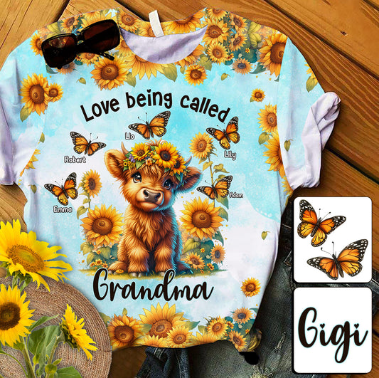 Ich liebe es, Oma genannt zu werden – Hochlandrind-Sonnenblume – personalisiertes Allover-Shirt