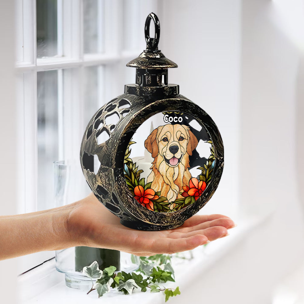 Personalisierte runde Laterne mit Beleuchtung für Haustiere – ideal für Hunde.