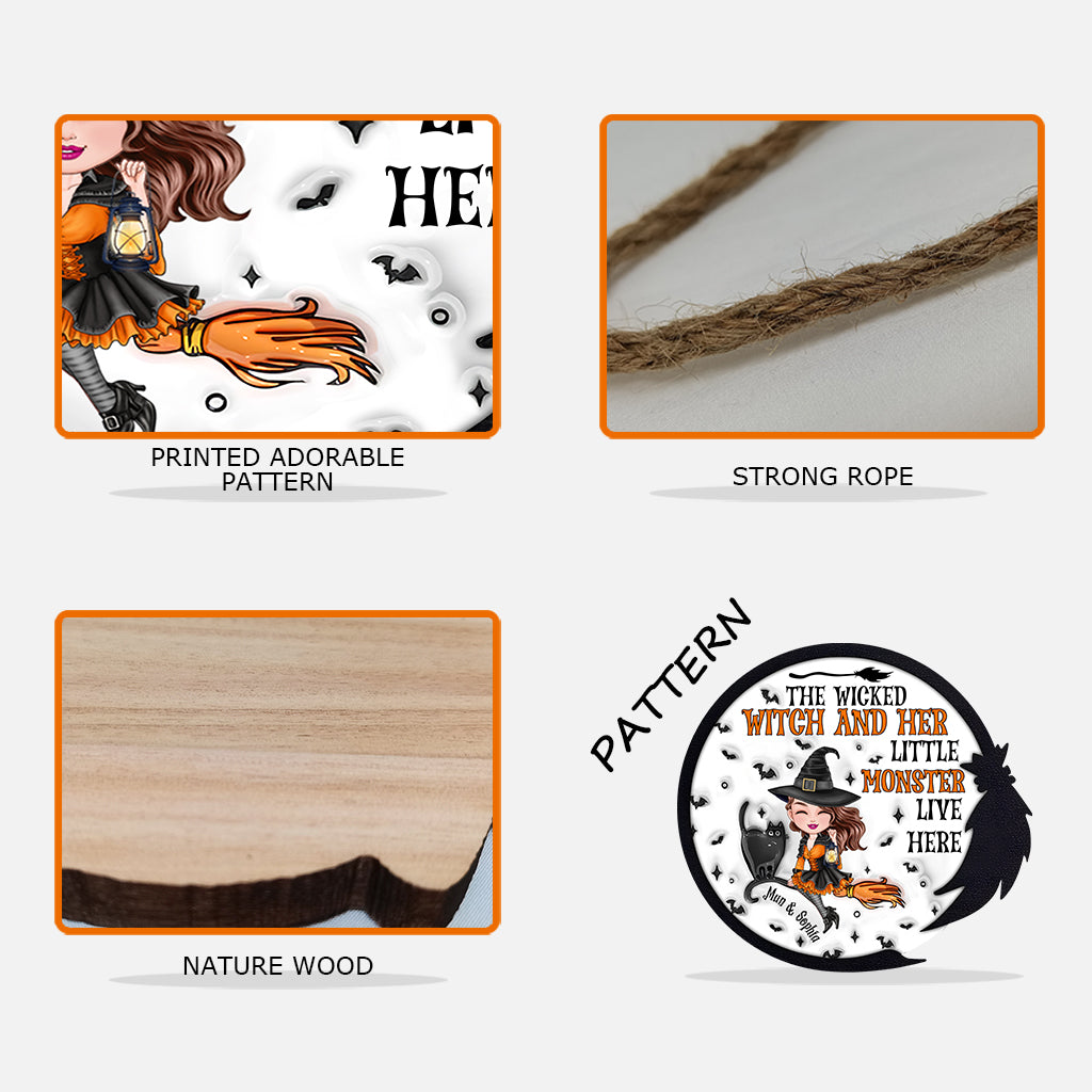 Die böse Hexe und ihre kleinen Monster wohnen hier - Personalisiertes Hexen-Holzschild in individueller Form