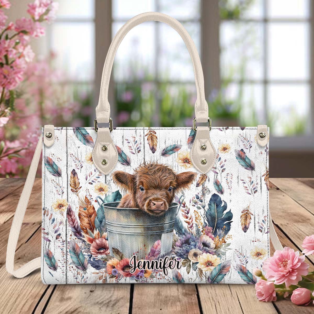 Baby Highland Cow Western Style - Personalisierte Lederhandtasche