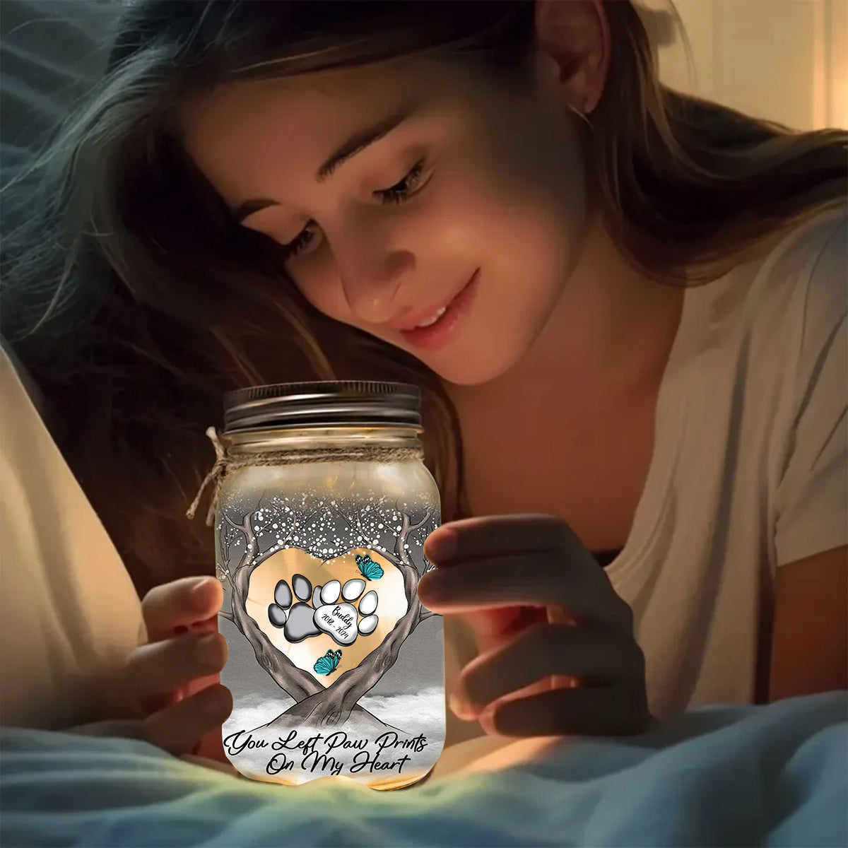 You Left Paw Prints On My Heart - Personalized Dog Mason Jar Light