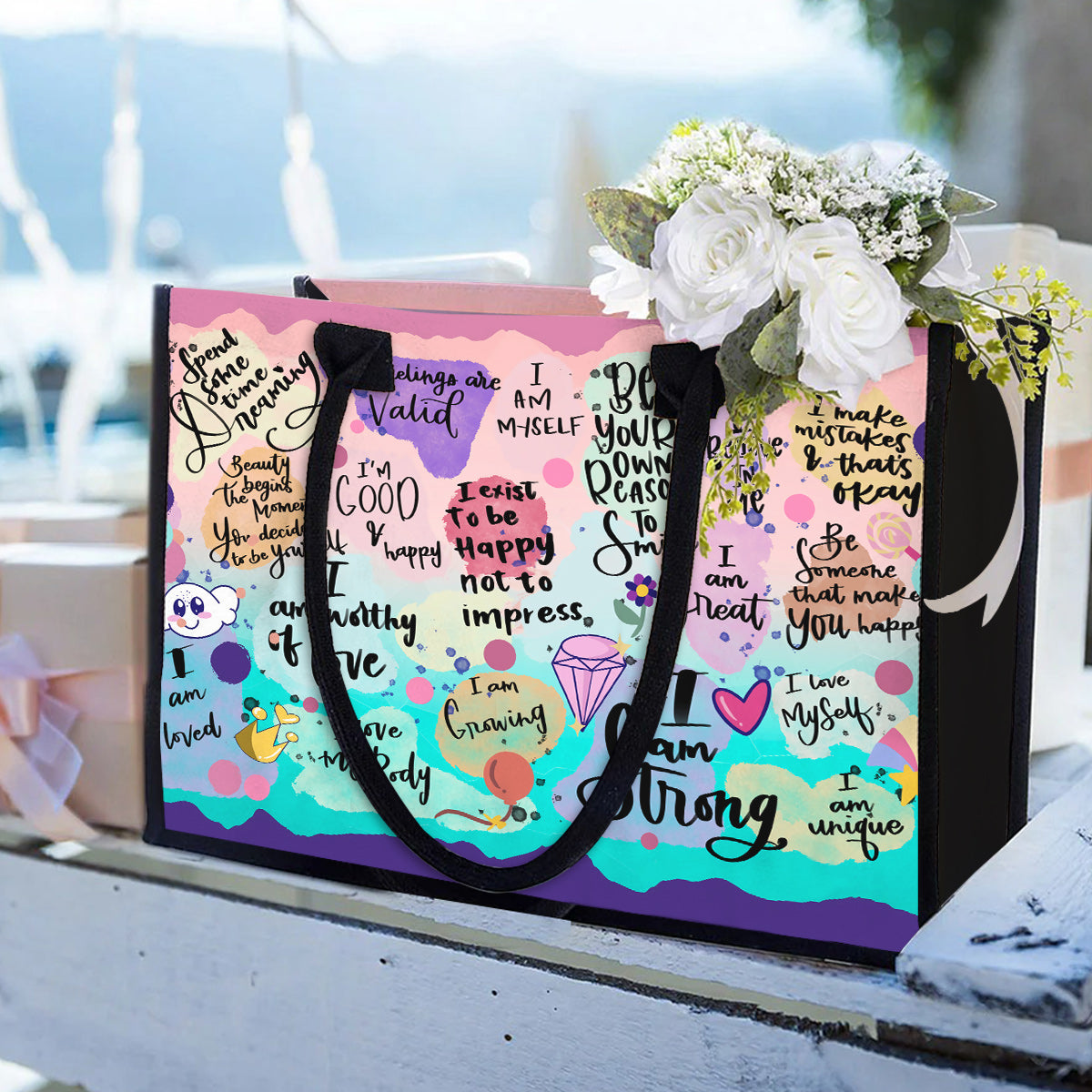 Positive Affirmationen für Selbstfürsorge – Personalisierte Tragetasche aus Canvas