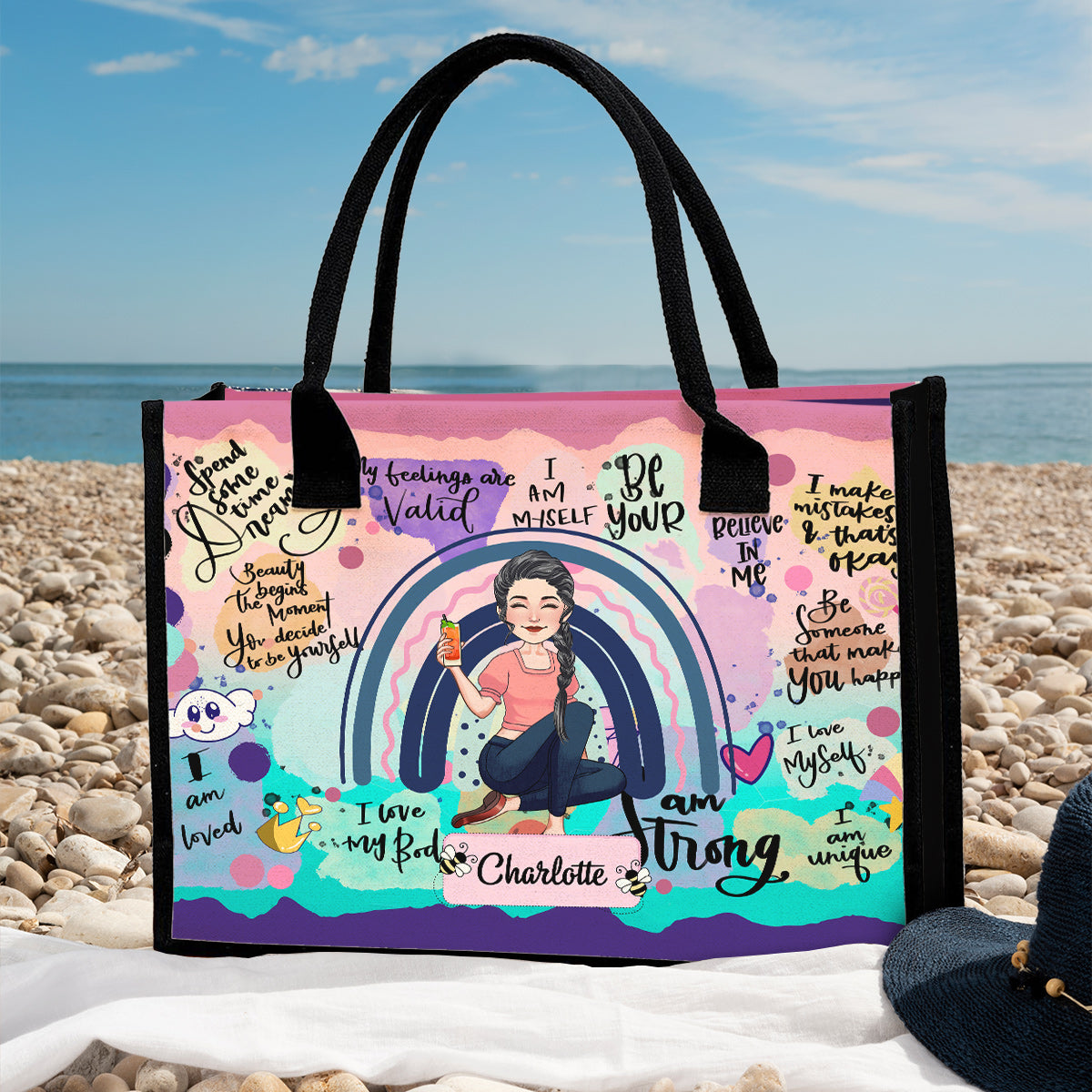 Positive Affirmationen für Selbstfürsorge – Personalisierte Tragetasche aus Canvas