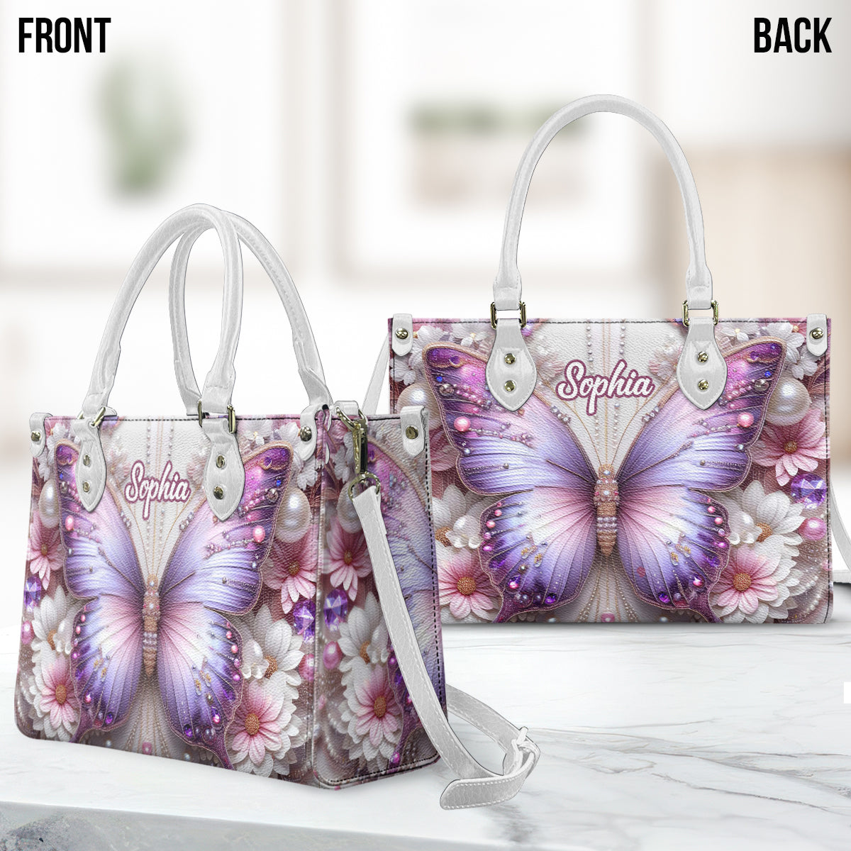 Personalisierte Schmetterlings-Lederhandtasche mit Blumenmuster