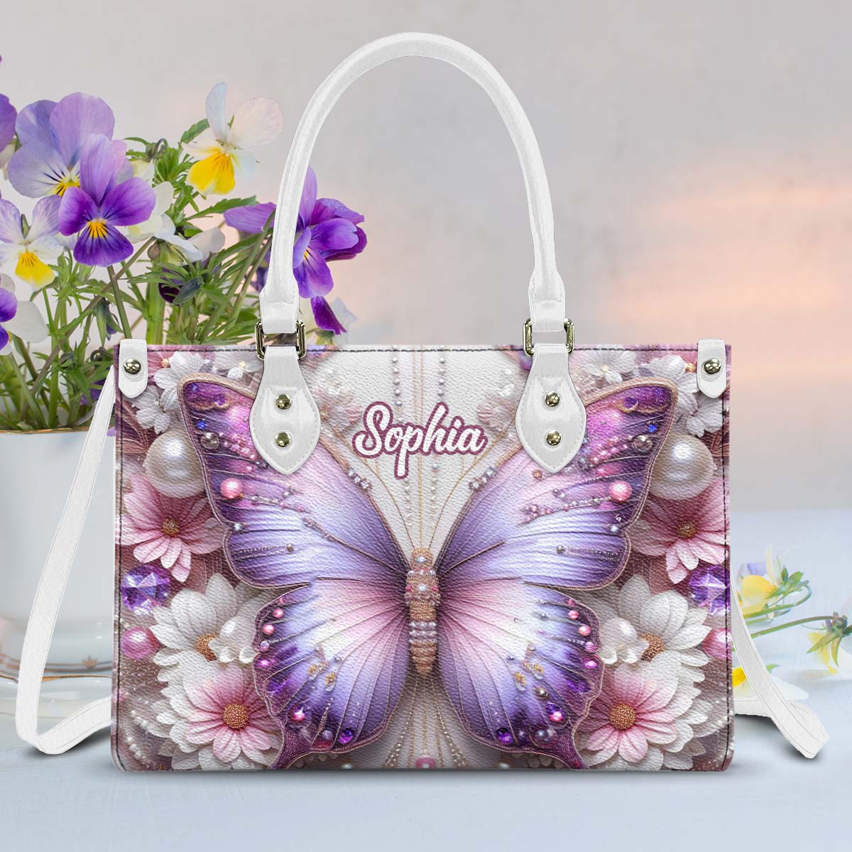 Personalisierte Schmetterlings-Lederhandtasche mit Blumenmuster