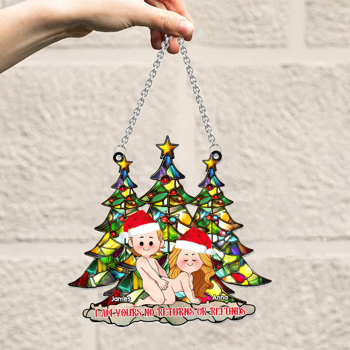 Ich gehöre dir – Keine Rückgabe oder Rückerstattung – Personalisierter Fensterhänger für Paare